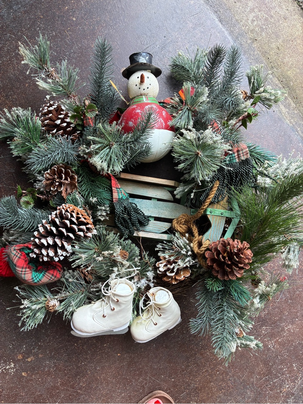 Festive Snowman Holiday Wreath with Pinecones and Boots - Green/Red